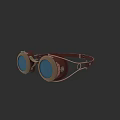 Model Wearing Steampunk Style Goggles With Brown Frame Blue Lenses And Leather Strap