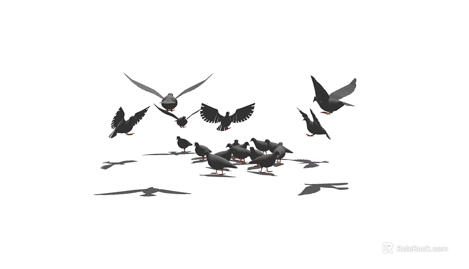 Flock of Flying Pigeons Some in Flight and Others on Ground 3d model 