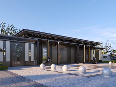 Modern Chinese Style Residential Building With Courtyard Entrance Stone Sphere Decorations And Traditional Roof 3d model