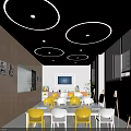 School Art Classroom Featuring Wooden Walls Circular Ceiling Lights Easels And Colorful Chairs