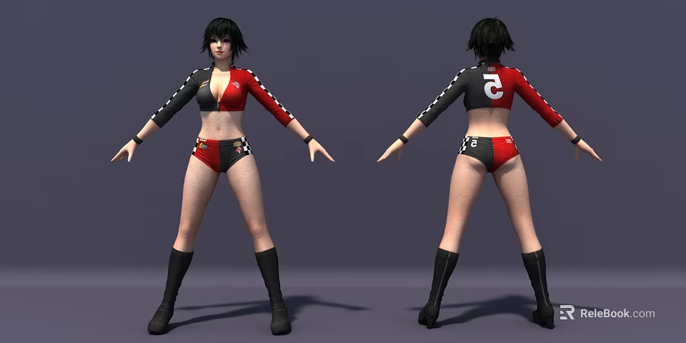 Woman in Red Black Outfit with Long Sleeves Bikini Top Shorts Black Boots Number 2 3d model 