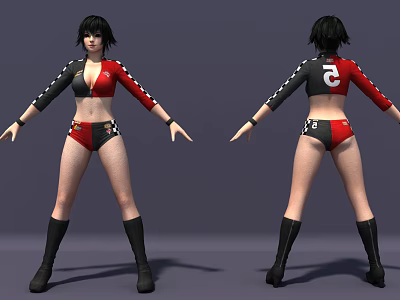 Woman in Red Black Outfit with Long Sleeves Bikini Top Shorts Black Boots Number 2 3d model