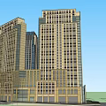 Modern Office Building With Two Tall Towers Glass Curtain Walls Decorative Tops And Base Structure