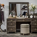 Vintage Brown Wooden Dressing Table with Drawers Mirror Cloche and Cosmetics
