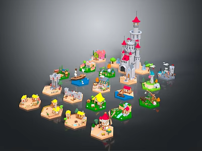 Toy Brick Castle And Various Surrounding Miniature Buildings With Colorful Designs 3d model