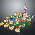 Toy Brick Castle And Various Surrounding Miniature Buildings With Colorful Designs