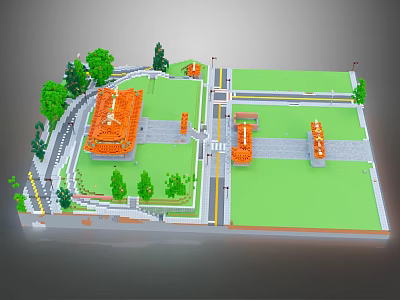 Cartoon Scene With Orange Buildings Green Grass Trees Paths And Street Lamps 3d model