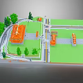 Cartoon Scene With Orange Buildings Green Grass Trees Paths And Street Lamps