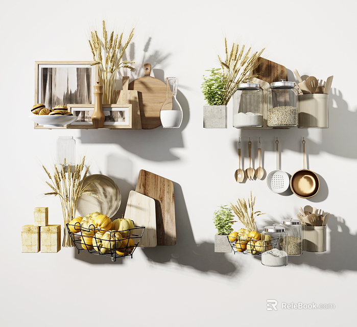 Organized Kitchenware Storage On Shelves With Hanging Utensils Grain Jars Cutting Boards And Lemon Basket 3d model 
