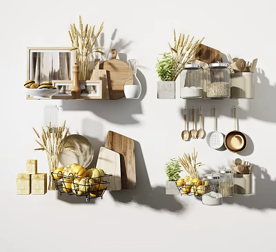 Organized Kitchenware Storage On Shelves With Hanging Utensils Grain Jars Cutting Boards And Lemon Basket 3d model
