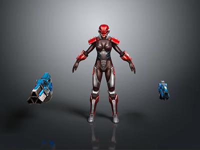 Armored Character In Red Black Silver Armor Standing With Blue Drone Companions 3d model