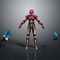 Armored Character In Red Black Silver Armor Standing With Blue Drone Companions