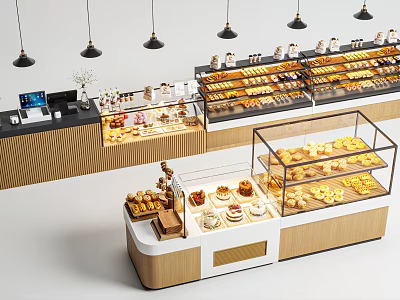 Modern Dessert Shop Interior Featuring Glass Display Cases With Fresh Pastries And Cakes 3d model