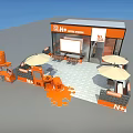 Orange Themed N+ Plus Station Outdoor Setup With Tools Construction Materials Umbrellas And Tables 3d model