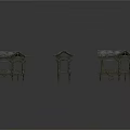 Three Different Traditional Architectural Pavilions with Tiled Roofs Wooden Frames and Steps
