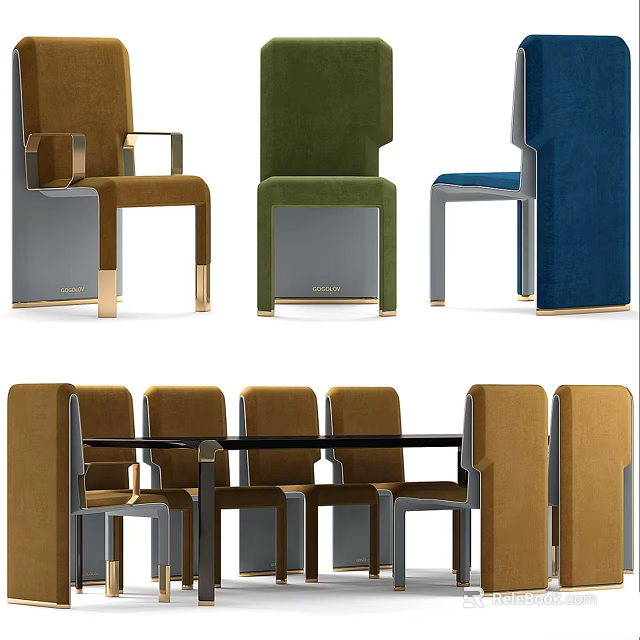 Modern Dining Table Set With Brown Green Blue Velvet Chairs And Metal Legs 3d model 