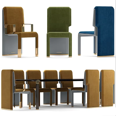 Modern Dining Table Set With Brown Green Blue Velvet Chairs And Metal Legs 3d model