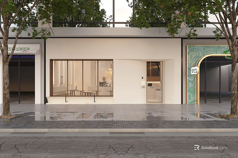 Modern Storefront Design With White Facade Large Windows And Trees 3d model 