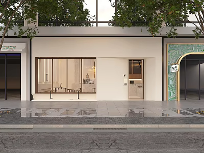 Modern Storefront Design With White Facade Large Windows And Trees 3d model