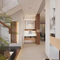 Modern Living Dining Room Interior With Orange Sofa Round Coffee Table Circular Chandelier And Staircase