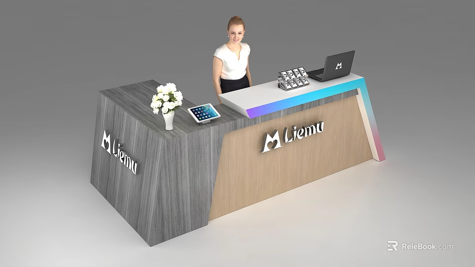 Modern Liemu Reception Desk With Vase Tablet Laptop And Colorful Edge 3d model 