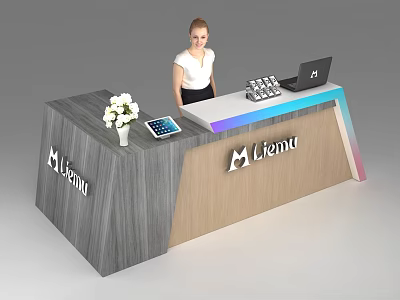Modern Liemu Reception Desk With Vase Tablet Laptop And Colorful Edge 3d model