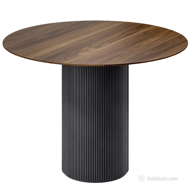 Round Walnut Wood Dining Table With Black Ribbed Metal Leg Design 3d model 
