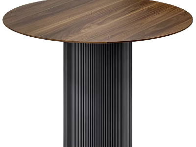 Round Walnut Wood Dining Table With Black Ribbed Metal Leg Design 3d model