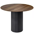 Round Walnut Wood Dining Table With Black Ribbed Metal Leg Design