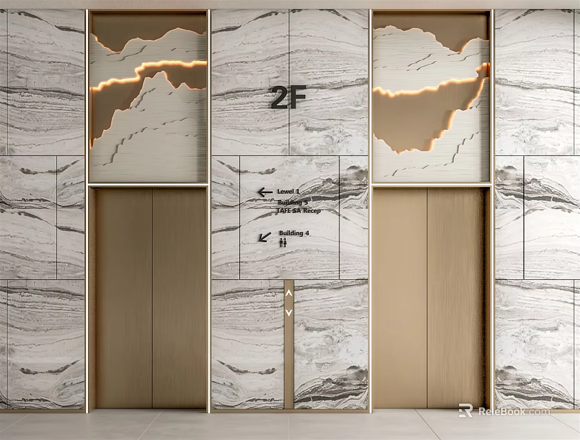 Modern Elevator Design With Marble Walls And 2F Floor Indicator 3d model 