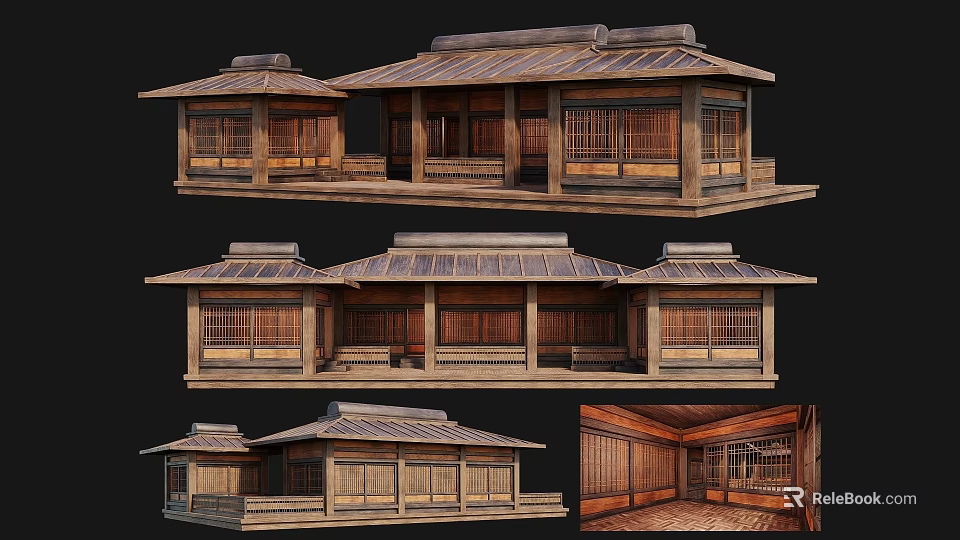 Ancient Traditional Wooden Architecture Design With Classic Roof Lattice Windows And Interior View 3d model 