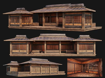 Ancient Traditional Wooden Architecture Design With Classic Roof Lattice Windows And Interior View 3d model