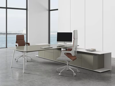 Modern Office Desk And Chair Set In Minimalist Space With Sea View Large Windows And Computer 3d model