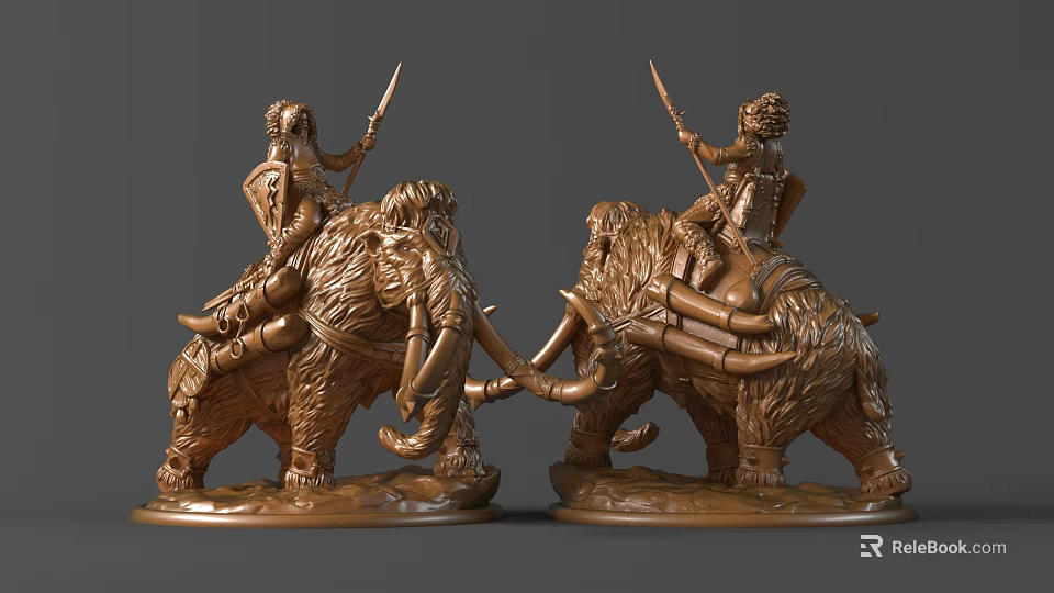 Detailed Carving Bronze Sculptures Featuring Figures Riding Mammoths Holding Spears 3d model 