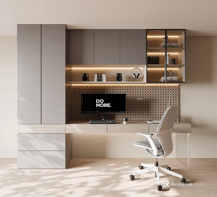 Modern Bookcase With Home Office Desk Computer Storage And LED Lighting Design 3d model 