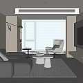 Modern Living Room Interior With Brown Sofa White Accent Chair And Floor to Ceiling Windows With Blinds