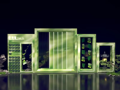Check In Area With Illuminated Green Frames And Decorative Plants 3d model
