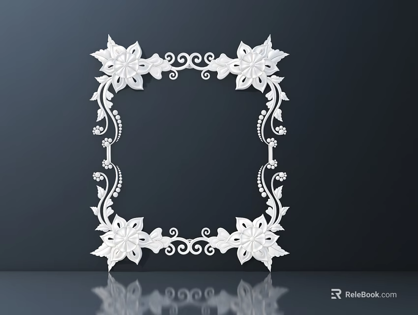 White Carved Square Frame With Snowflake Patterns And Curved Designs On Dark Background 3d model