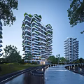Modern High Rise Residential Building with Lush Greenery Water Feature and Scenic Path
