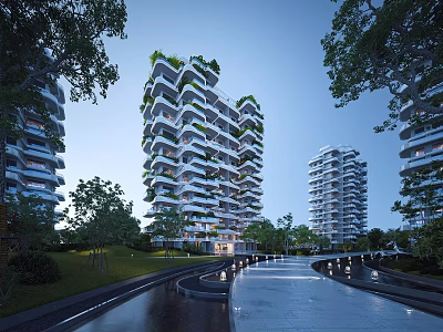 Modern High Rise Residential Building with Lush Greenery Water Feature and Scenic Path 3d model