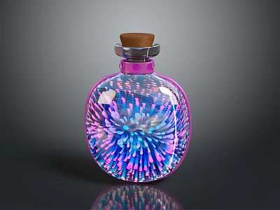 Vibrant Decorative Glass Bottle with Cork Stopper and Colorful Pink Blue Patterns 3d model