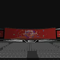 Large Event Stage Setup With Red Background Screen And Blue Seats Arrangement 3d model