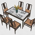 Dining Table Set With Six Chairs Marble Tabletop Yellow Flowers And Tableware 3d model