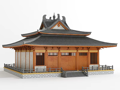 Ancient Chinese Architecture with Traditional Multi layered Roof Wooden Doors and Stone Steps 3d model