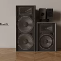 Modern Black Audio Speakers With Floor Standing And Bookshelf Models On Wooden Floor