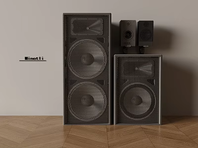 Modern Black Audio Speakers With Floor Standing And Bookshelf Models On Wooden Floor 3d model