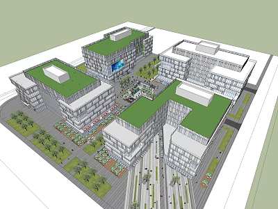 Modern Office Building Complex With Green Roofs Glass Curtain Walls And Landscaped Pathways 3d model