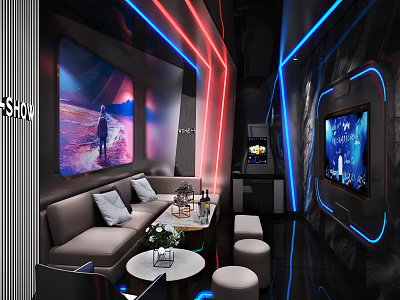 Modern KTV Lounge Interior With Neon Light Decorations Sofa Seating And TV Screen 3d model