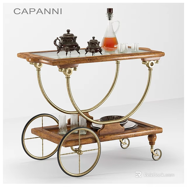 Dining Table With Two Tier Wooden Cart Brass Wheels Tea Set And Glass Cups 3d model 