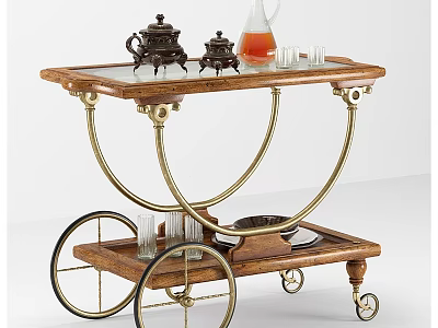 Dining Table With Two Tier Wooden Cart Brass Wheels Tea Set And Glass Cups 3d model